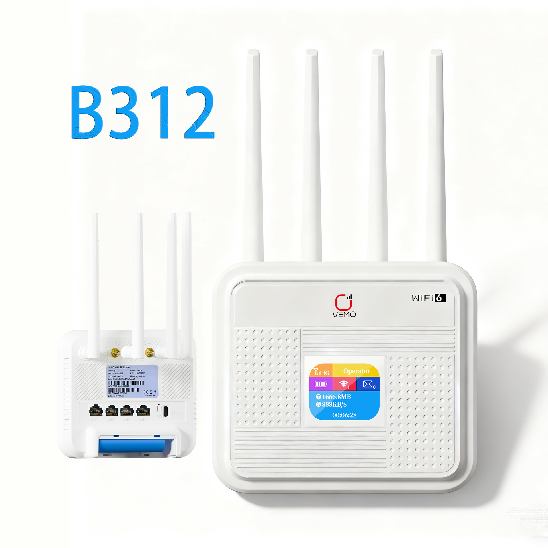 Vemo B312 Replaceable Antenna Built-In Battery Hd Screen 4g Wifi6 4g Wireless Wifi Router