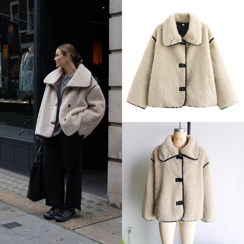 Za Cross-Border Export Spot European and American Style Women's Winter New Large Lapel Fur Integrated Plush Jacket Za Cross-Border Export Spot European and American Style Women's Winter New Large Lapel Fur Integrated Plush Jacket