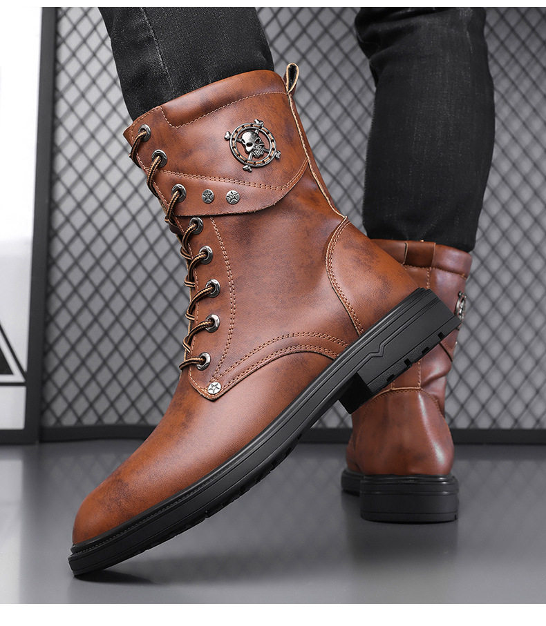 Giày bốt Martin nam cổ cao dây buộc mũi rộng phong cách denim, đế cao su chống trượt thoáng khí nhẹ nhàng — Màu nâu lót bông, Màu nâu lót da, Màu đen lót bông, Màu đen lót da chi tiết 17