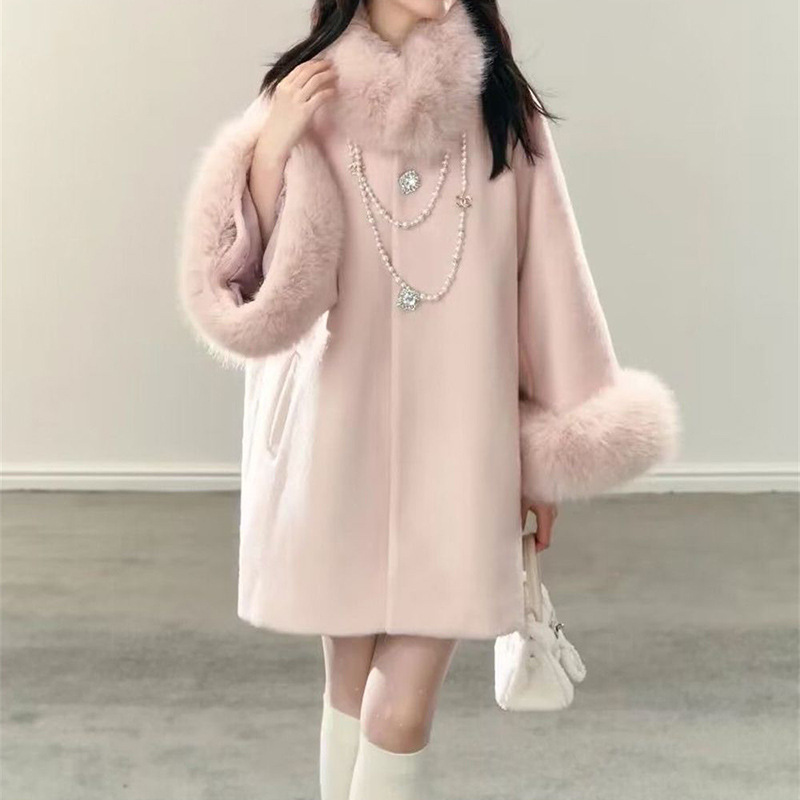 Rich Daughter's Fur Collar Ladylike Elegant Woolen Outwear Women's Autumn and Winter Loose Warm Cloak Style Woolen Outwear Trendy