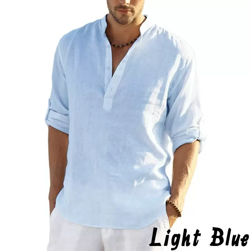 2025独立站外贸男士休闲棉麻纯色长袖衬衫宽松立领衬衣男潮现货