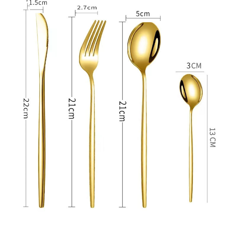 Vajilla de acero inoxidable portugués creativo mango largo cuchillo de filete, tenedor y cuchara comida occidental cuatro piezas principales titanio nórdico RED DE ORO cuchara redonda roja