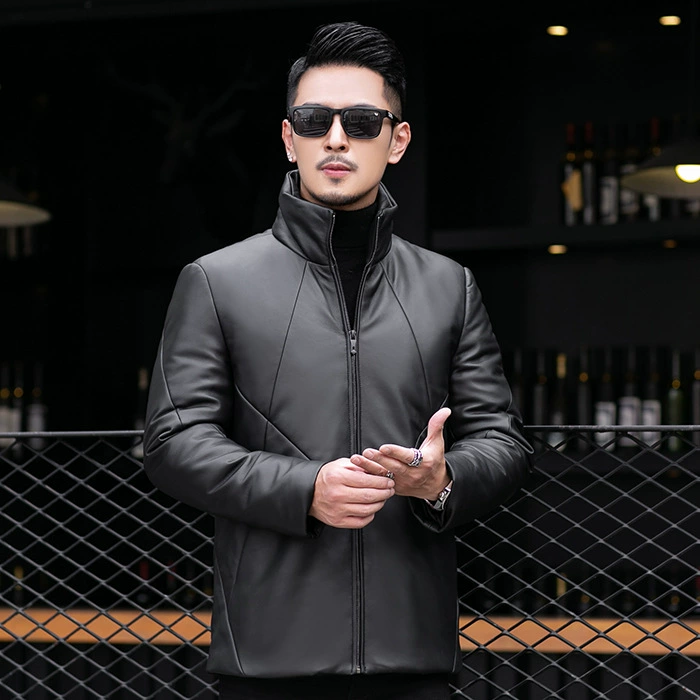Warm jacket with down for leisure, genuine leather