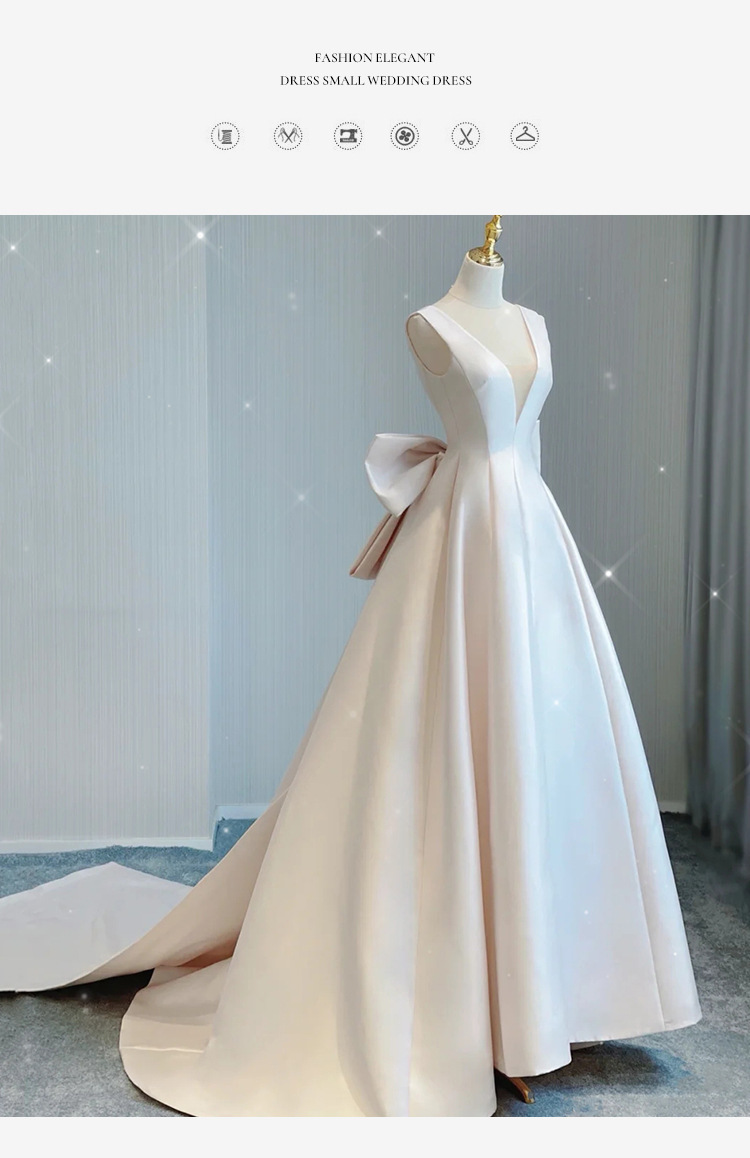 Vintage Satin Wedding Dress Minimalist Style High Quality Elegantly Slimming V Neck Long Train For Women_ecoleips.com