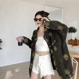渐变色扎染水洗牛仔外套女中长款早春秋复古做旧破洞工装夹克上衣