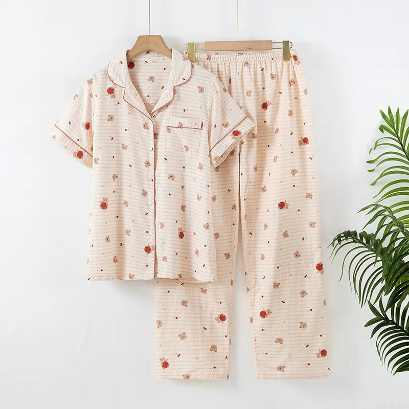 Cotton gauze pijama, summer trousers, set, with short sleeve