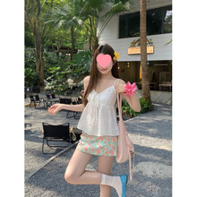 甜美风套装系带白色吊带背心女夏季碎花包臀半身裙两件套白色上衣