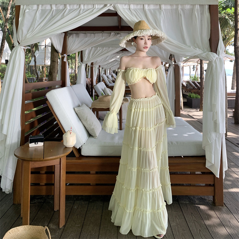 Beach Vacation Suit French Pure Desire Light Yellow One-Shoulder Lotus Leaf Short Top High-Waisted Half-Length Skirt Two-Piece Set