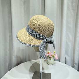 日系文艺格纹蝴蝶结草帽子女夏季海边度假防晒遮阳沙滩帽渔夫帽潮