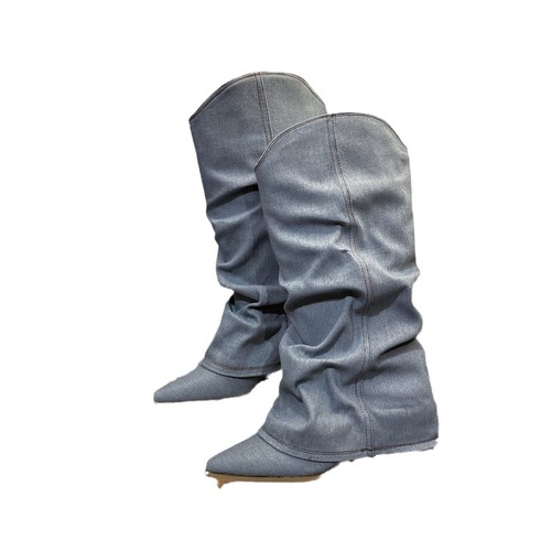 Women's pointed long boots, high-heeled western cowboy boots, retro large size thick sole wide-leg pants boots, tall cavalry boots