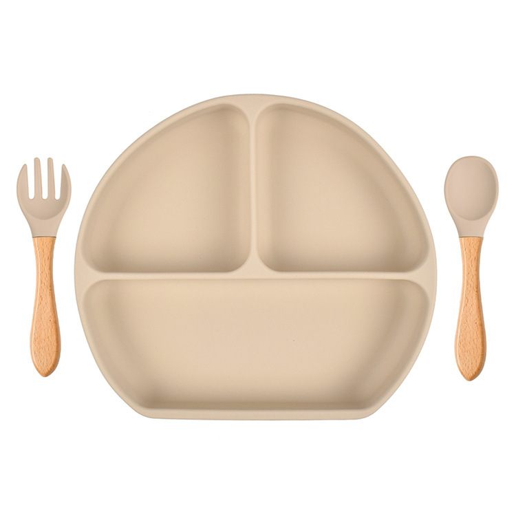 スポット分格子供食器ベビー吸盤シリコンボウル赤ちゃんスプーンストロー一体式シリコン皿|undefined