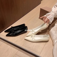 现货秒发！时尚百搭新款漆皮尖头蝴蝶结平底浅口单鞋女通勤鞋瓢鞋