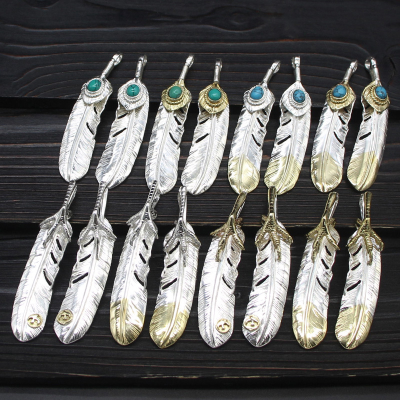 银势925纯银高桥羽毛素银镶嵌松石吊坠DIY搭配毛衣链百搭送男女友