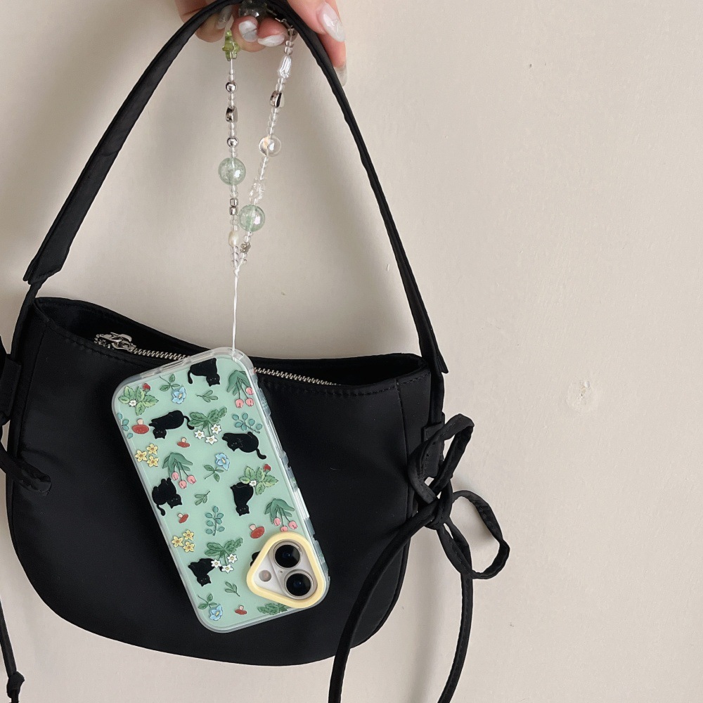 Flores estilo ins lindo pequeño gato negro para iphone16ProMax cadena 15 funda para teléfono móvil Apple 13/14 hembra