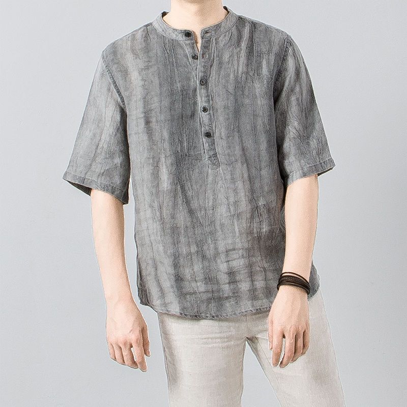Old Wrinkled Linen Half Sleeve Shirt Men's Summer Loose Collar Pullover Breathable Cotton Linen Casual Shirt