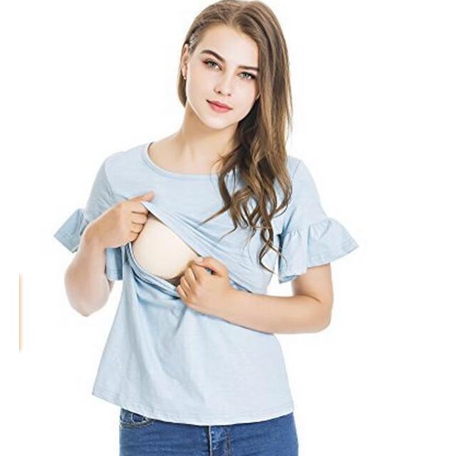 Amazon Independent Station European and American Women's Top Fashion Lotus Leaf Sleeve Crew Neck Breastfeeding Clothes Women's Short Sleeve T-Shirt Amazon Independent Station European and American Women's Top Fashion Lotus Leaf Sleeve Crew Neck Breastfeeding Clothes Women's Short Sleeve T-Shirt