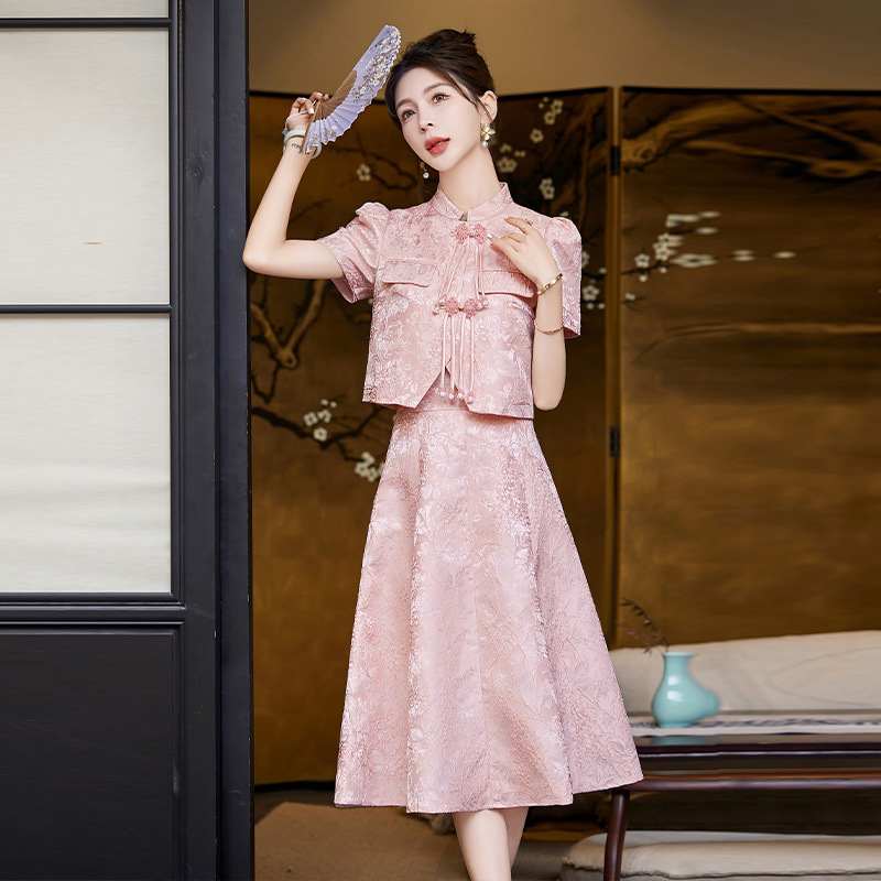 新中式风提花套装女2024年夏季上新气质时尚复古优雅立领两件套裙