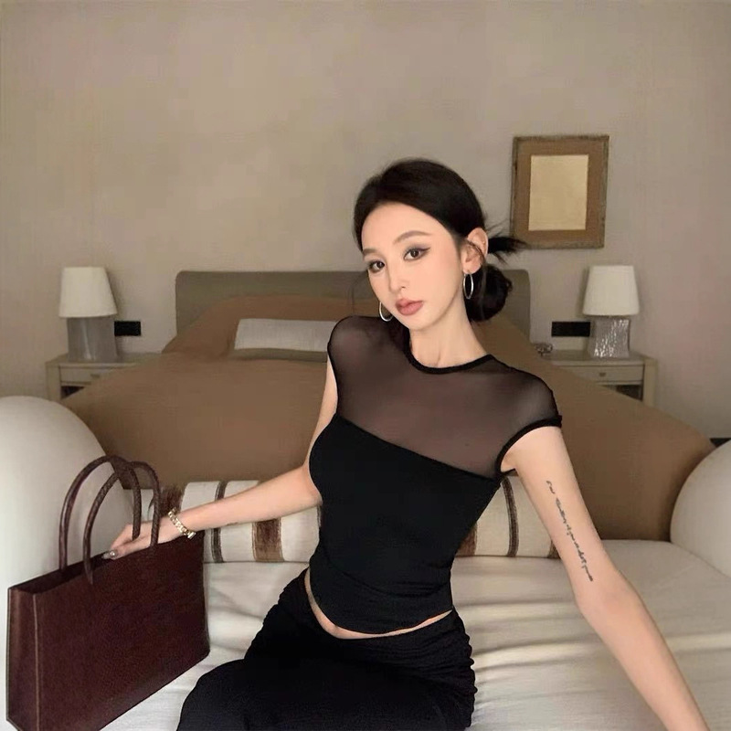 Summer New Pure Lust Style Sexy Short Mesh Short-Sleeved T-Shirt for Women Slimming Look and Versatile Design Top for Women Summer New Pure Lust Style Sexy Short Mesh Short-Sleeved T-Shirt for Women Slimming Look and Versatile Design Top for Women