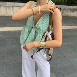 厂家直销欧美时尚女装吊带背心亚马逊新款性感辣妹V领条纹上衣