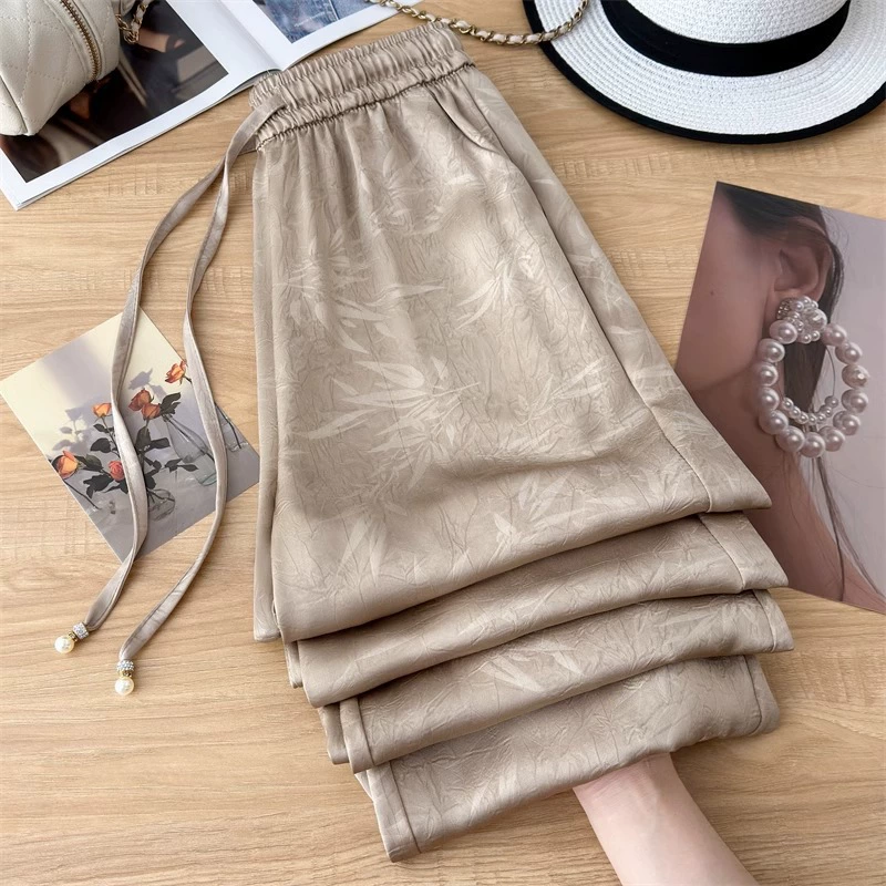 Широкие брюки из ацетатного атласа в китайском стиле с принтом для женщин, летние тонкие брюки 2025 года, новые солнцезащитные брюки с высокой талией, прямые брюки из ледяного шелка