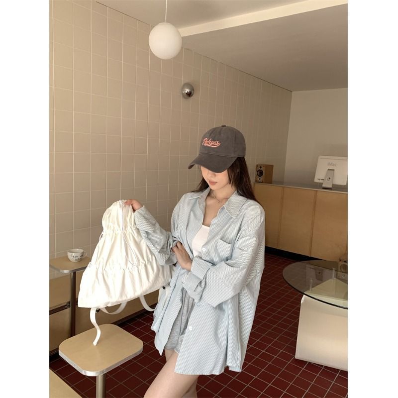 HF黄色ins韩系条纹衬衫女秋甜美设计感休闲宽松衬衣外套|undefined