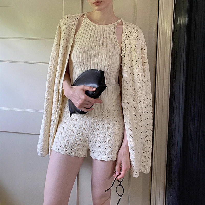 Taco Studios Vtg Retro Handmade Cut Out Cardigan Camisole Versatile Shorts Knitted Suit
