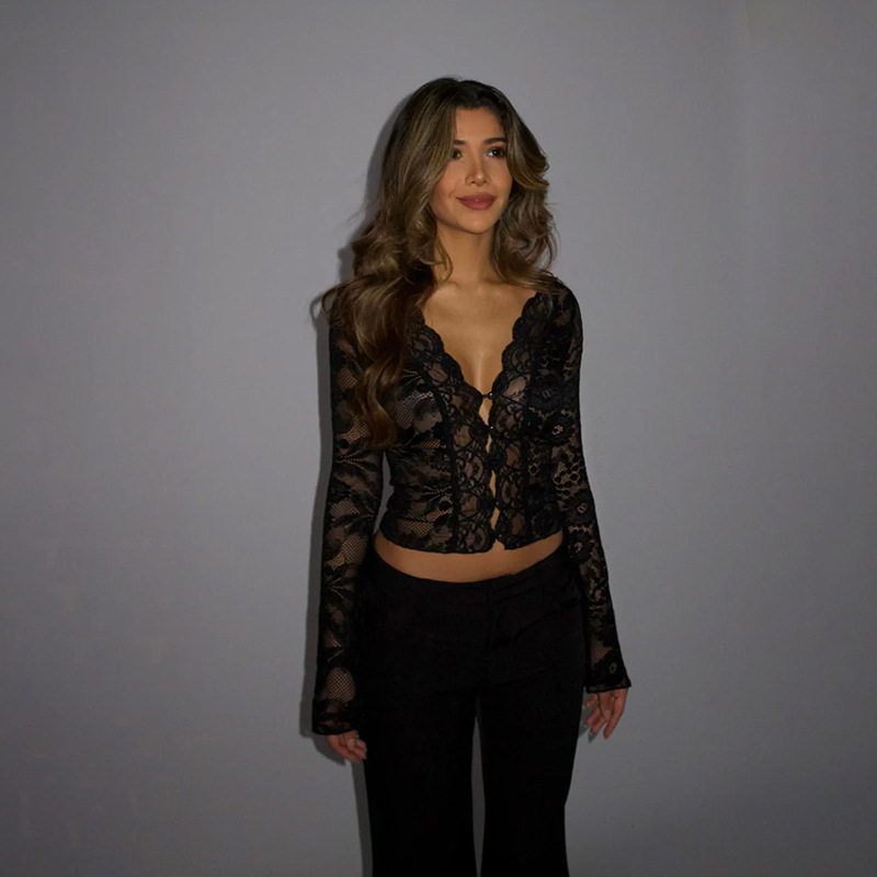 Cf24365 Autumn 2025 New Women's Clothing European and American Style Sexy Slim V Neck Lace Long Sleeve Top for Women