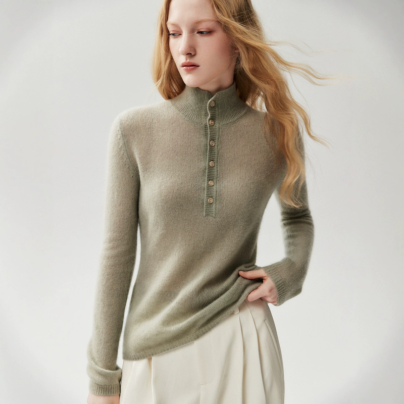 Kangbaolai 75% cashmere 25% mulberry silk women's half-turtleneck half-button slim-fit elegant knit sweater