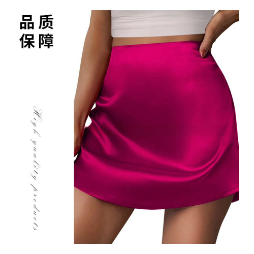 跨境亚马逊新款缎面半身裙 女士迷你A字裙褶皱半身裙高腰缎面短裙