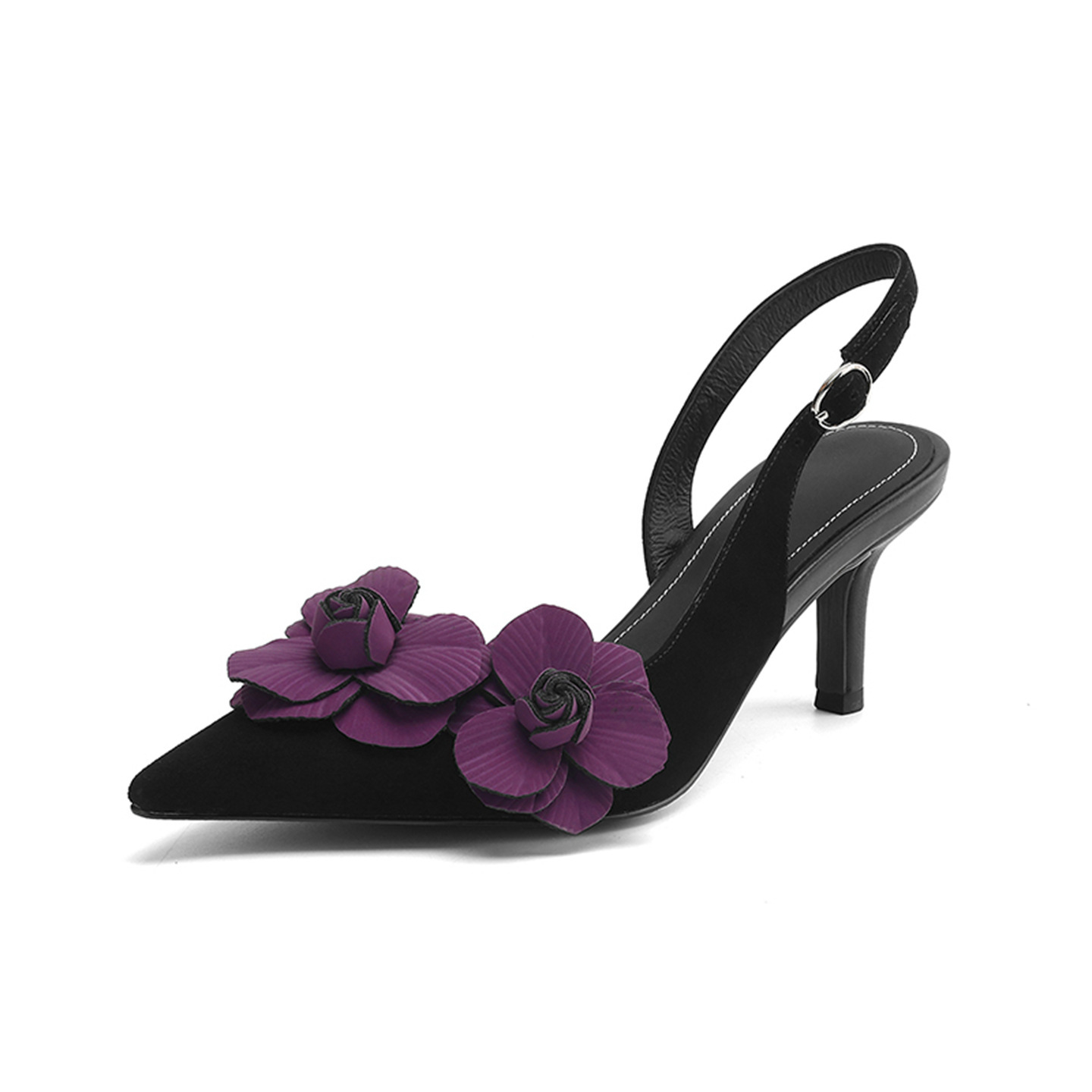 Sandal cao gót nữ hở mũi phong cách vintage, gót 6.5 cm, họa tiết hoa sơn trà — đen