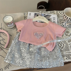 韓版童裝2024新款夏季女童愛心亮片短袖T恤兒童亮片裙褲兩件套潮