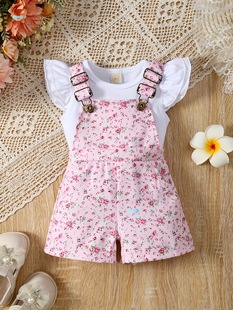2Psc Baby Girl Strappy Pants Jumpsuit Set with Flying Cross-Border