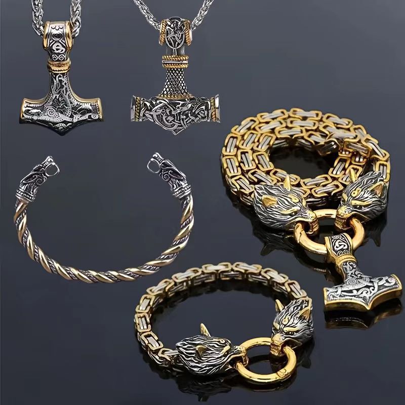 Hot-Selling Retro Viking Wolf Head Necklace and Bracelet Set for Men, Fashionable Norwegian Style Party Accessories, Wholesale Dropshipping