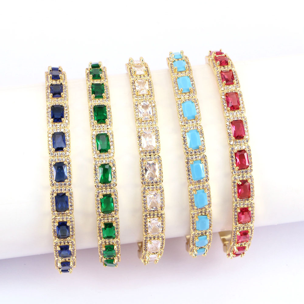 Fashion copper 18K Gold plated Multi-Color Rectangular Zircon Bracelet