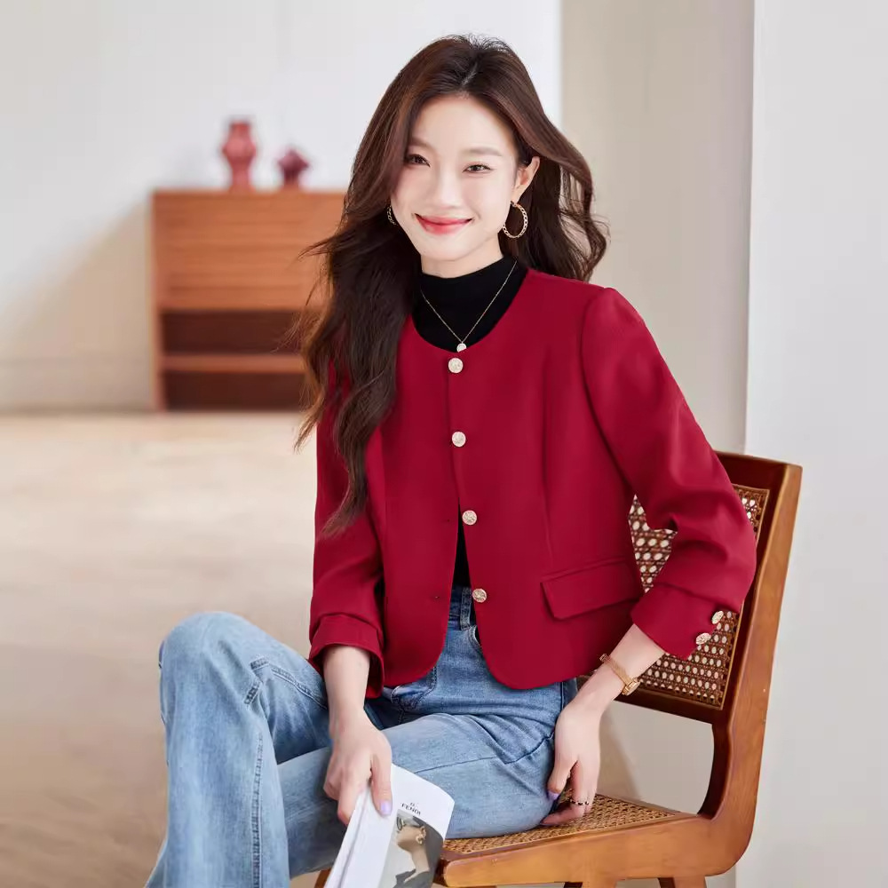 Burgundy autumn elegant classic suit jacket with a round collar