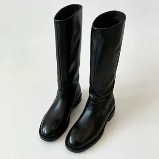 美拉德长筒靴子女秋冬新款绒面低跟平底显瘦堆堆靴高筒骑士靴简约