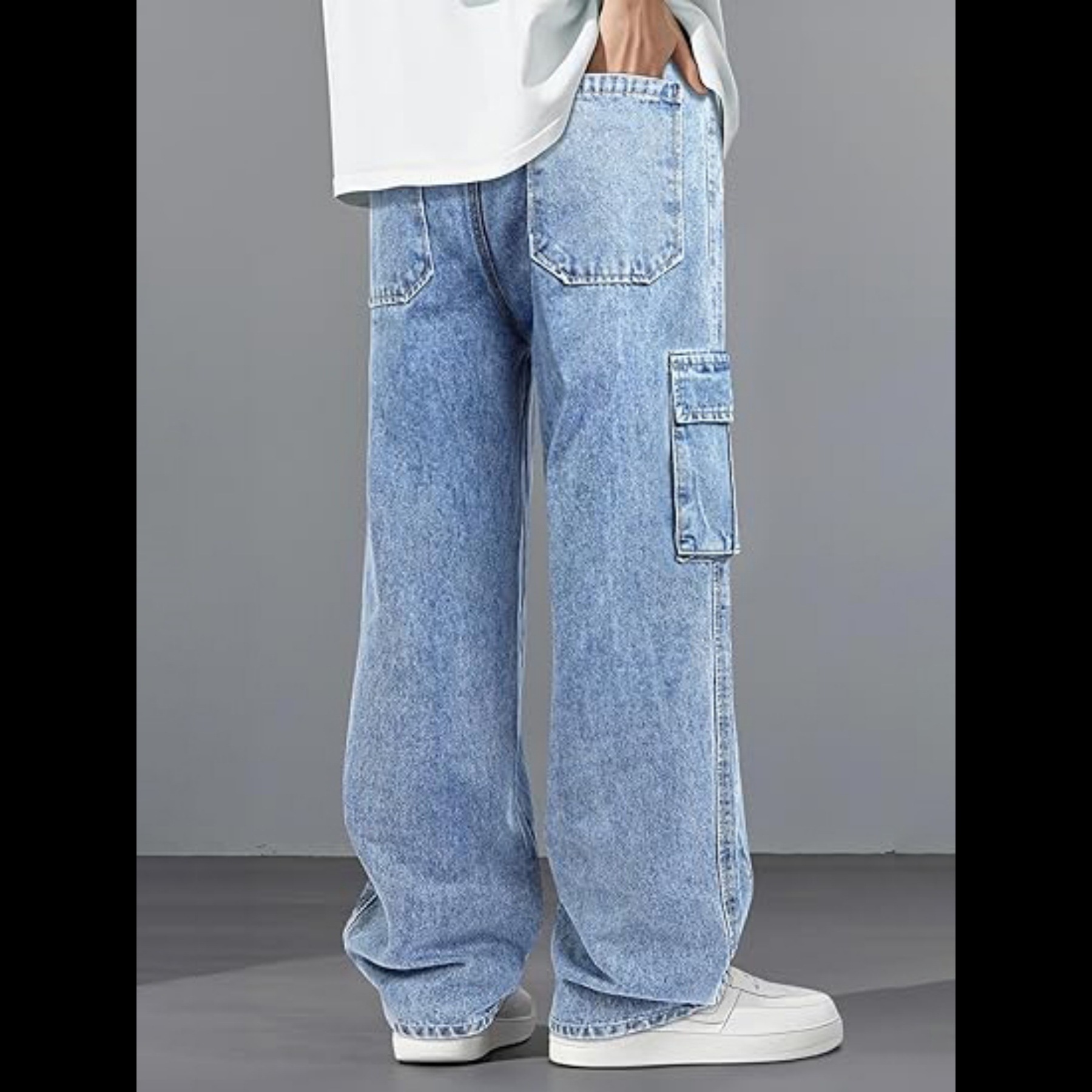 High Street Style Men's Cargo Jeans Multi Pocket Loose Fit Wide Leg Floor Length Drawstring Pants_mkmklike.com