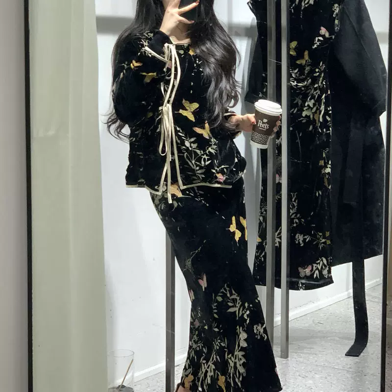 现货从一时黑色丝绒外套+鱼尾半身裙子套装黑色无袖旗袍连衣裙202