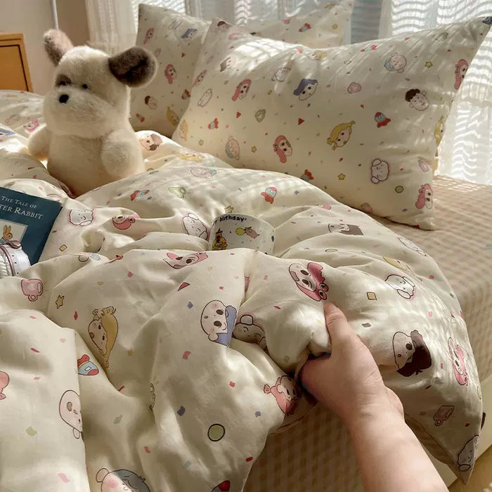 纯棉四件套床上用品100%全棉被套小碎花床单学生宿舍三件套床笠款