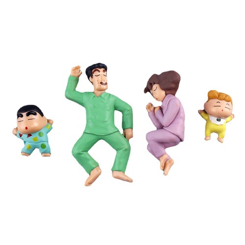 Crayon Shin-chan 4-Piece Figure Set Humanoid Doll of Shin-chan's Family Covering Up to Sleep Anime Handheld Figure Playset Display Model