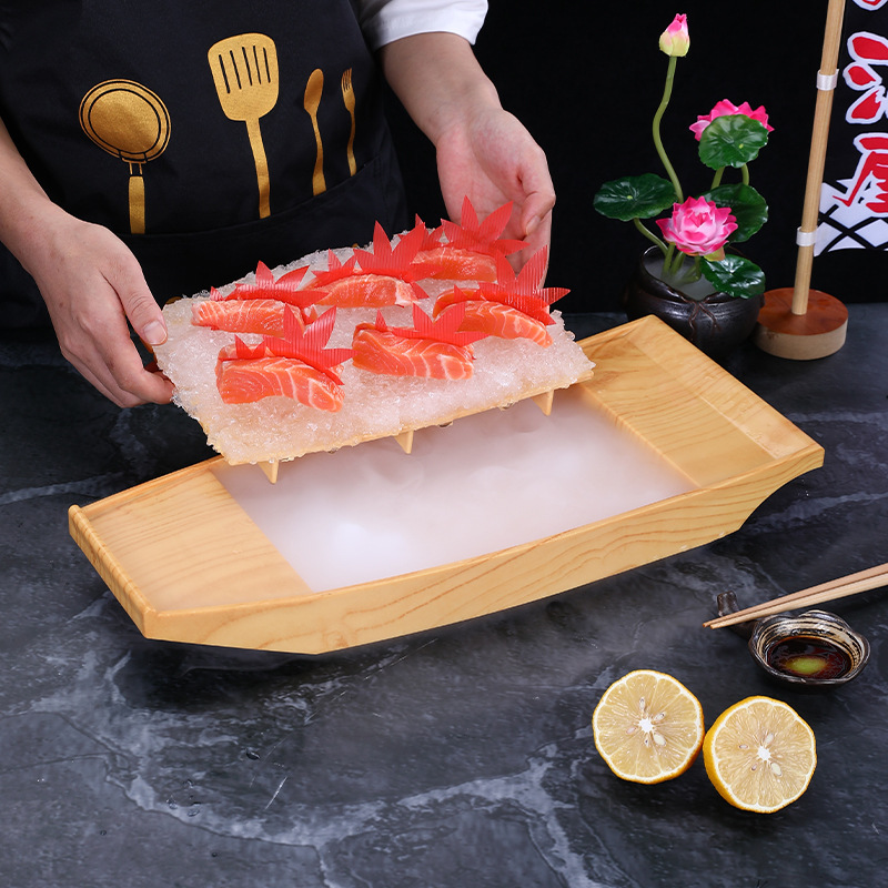 Plato de sashimi, plato de melamina, plato de pescado crudo, plato de hielo, salmón japonés, marisco, plato de sushi, barco de hielo seco shengtai