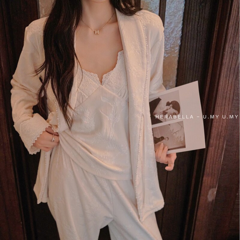 New Winter Pajama Three-Piece Set for Women, Ailei High-End Pearl Loungewear Umyumy Thickened Warm Set