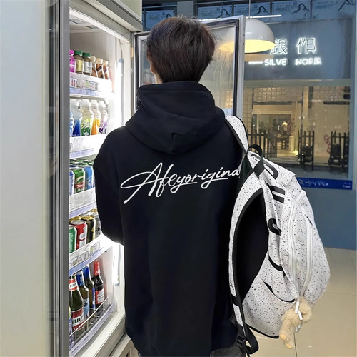 Black Letter Print Heavyweight Hooded Sweatshirt Men's American Streetwear OOTD Fashion Autumn/Winter Outerwear Oversize Hooded Sweatshirt