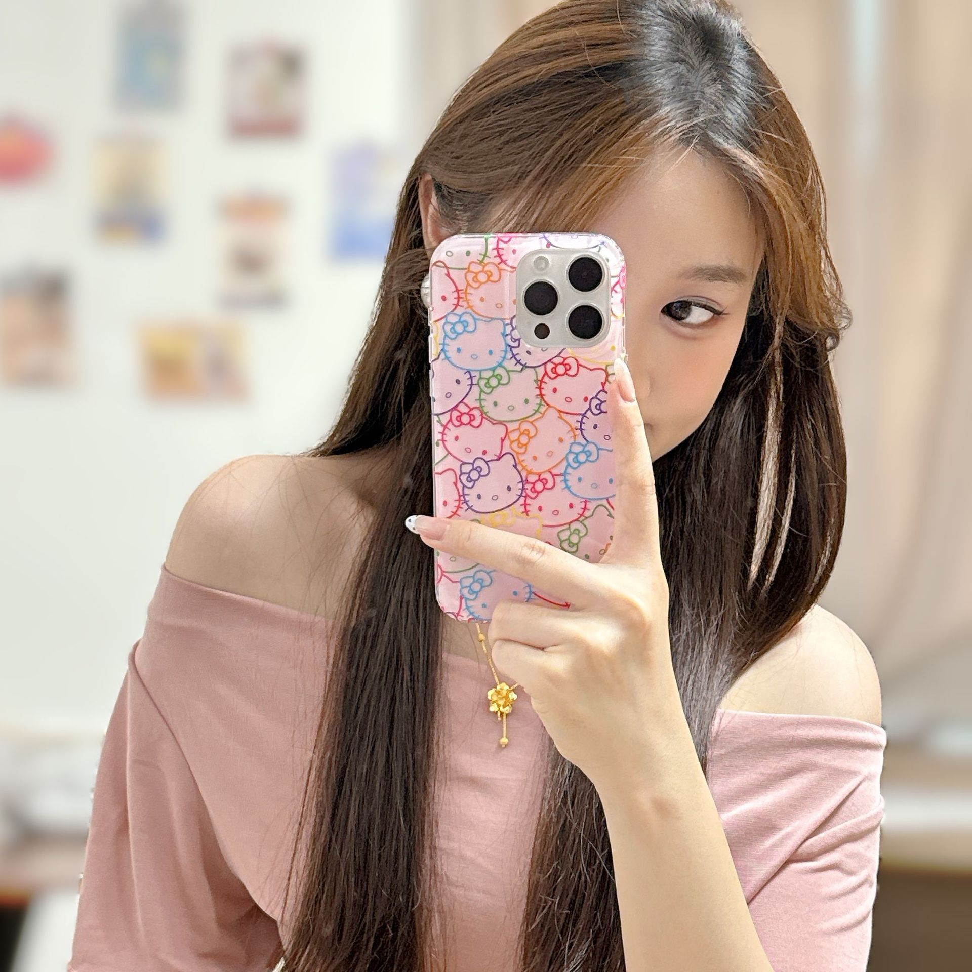 Línea de corazón de niña rosa KT gato para Apple 15Pro/16Pro funda para teléfono móvil 14 dibujos animados 13 dibujos animados 16PM