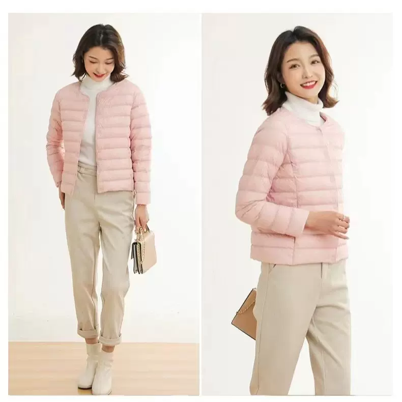 跨境90绒轻薄羽绒服女2024冬季新款圆领可变V领内胆外套潮白鸭绒