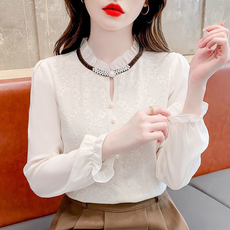 Thin French Style Elegant Spring and Autumn New Style Shirt Stylish Fashion Top Age-Reducing Long Sleeve Lace Shirt Chiffon Shirt Women's Trendy