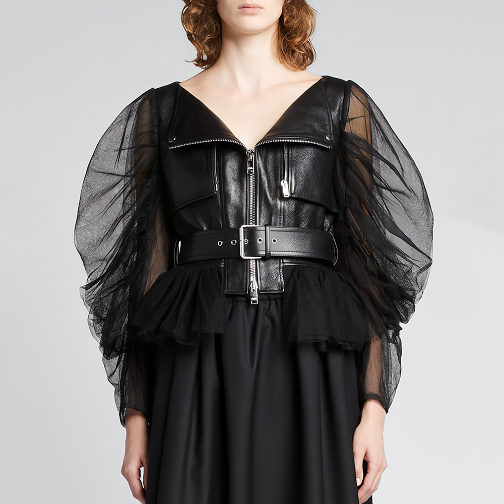 Retro Sexy Motorcycle Style Leather Jacket for Women 2026 Spring New Style Pu Leather Spliced Mesh Puff Sleeve Jacket for Women