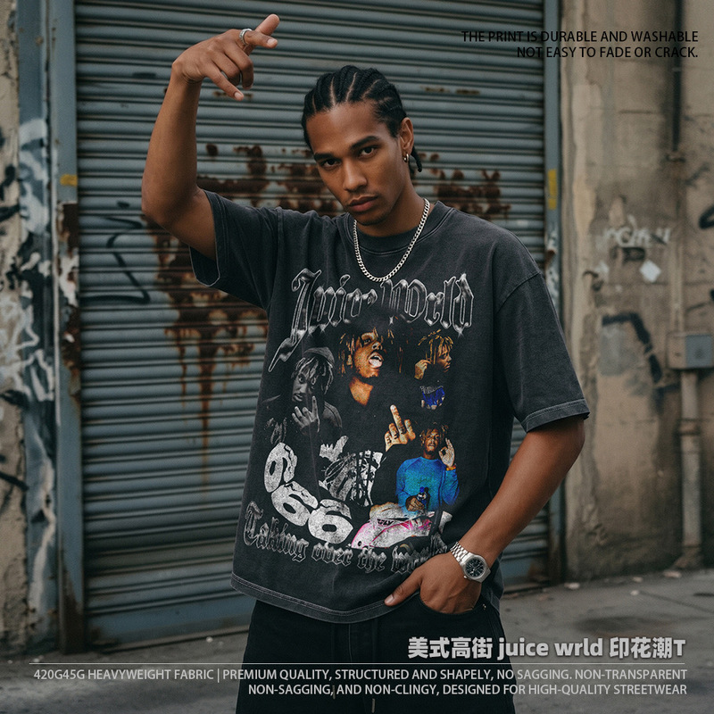 BC Rap Juice Wrld Printed American Style Hip-Hop Street Long-Sleeved Short-Sleeved Washed Heavy-Hooded Crewneck Sweat