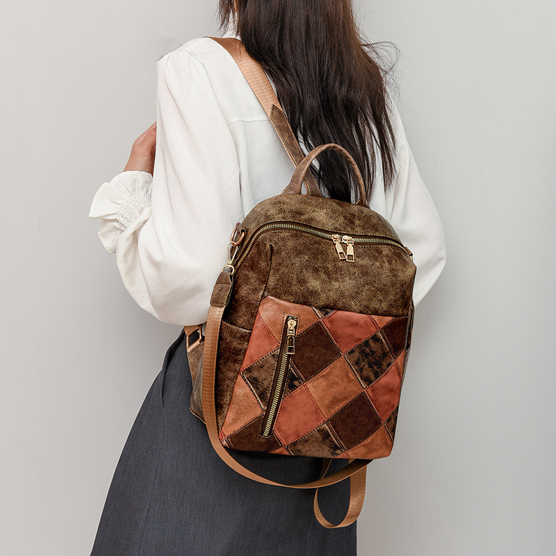 Women's New European And American Retro Women's Backpack PU Soft Leather Fashionable Diamond Grid Multifunctional Travel Backpack_voghion.com