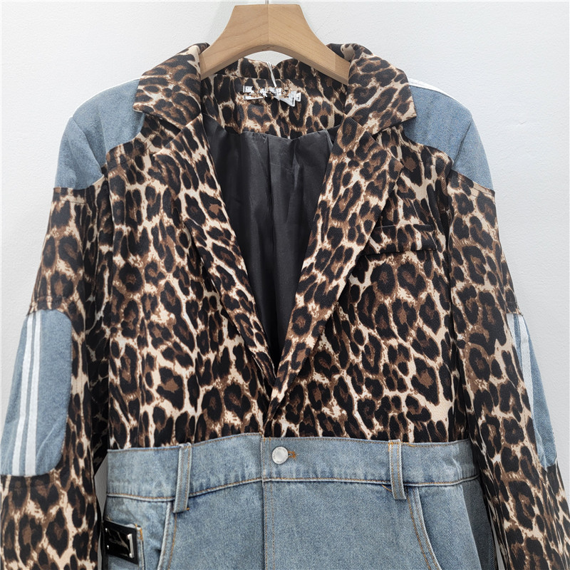 Saco Blazer con Estampado de Leopardo y Mezclilla de Poliéster Manga Larga para Otoño